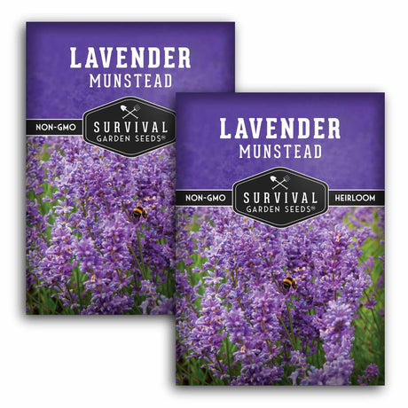 Two packages of Survival Garden Seeds Lavender Munstead on a white background