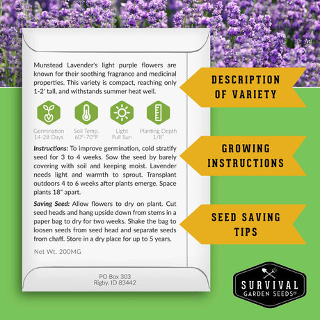 Survival Garden Seeds packet with lavender flowers in the background