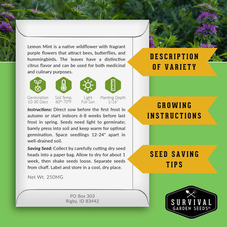 Survival Garden Seeds lemon mint seed packet with growing instructions and product details on a green background.