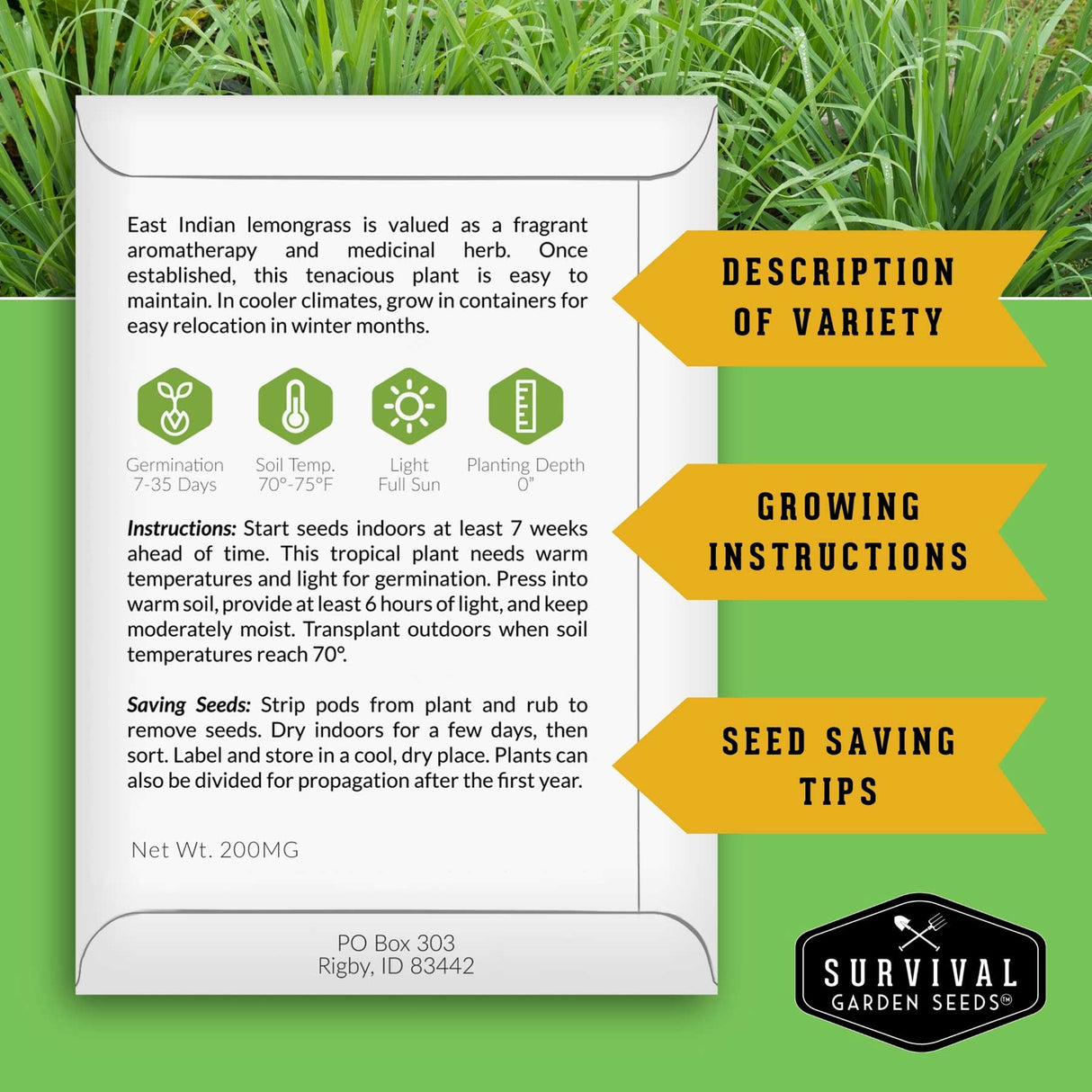 Seed packet with growing instructions and survival garden seeds logo on a green background
