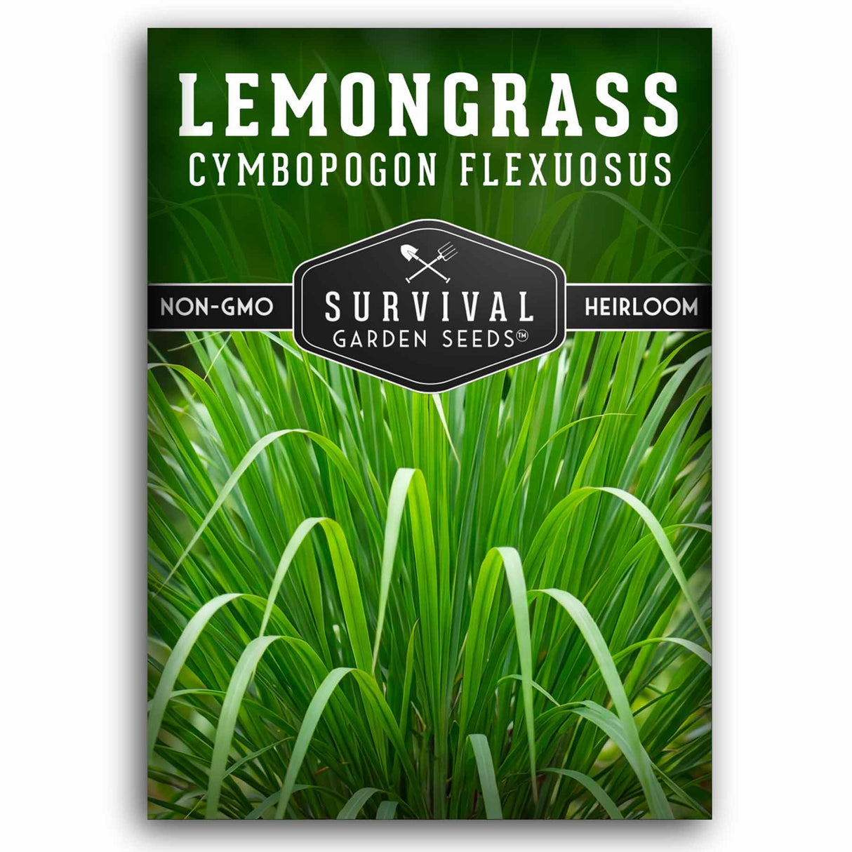 Survival Garden Seeds lemongrass seed packet with green background