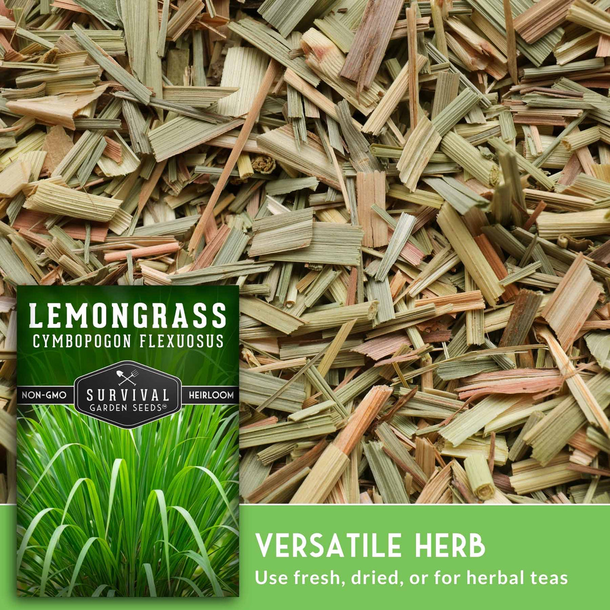 Pile of lemongrass with a seed packet labeled 'Survival Garden Seeds' on a green background.