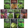 Collection of lettuce seed packets with various types of lettuce on a white background