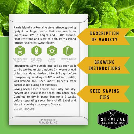 Survival Garden Seeds Parris Island lettuce seed packet with growing instructions and tips on a green leafy background.