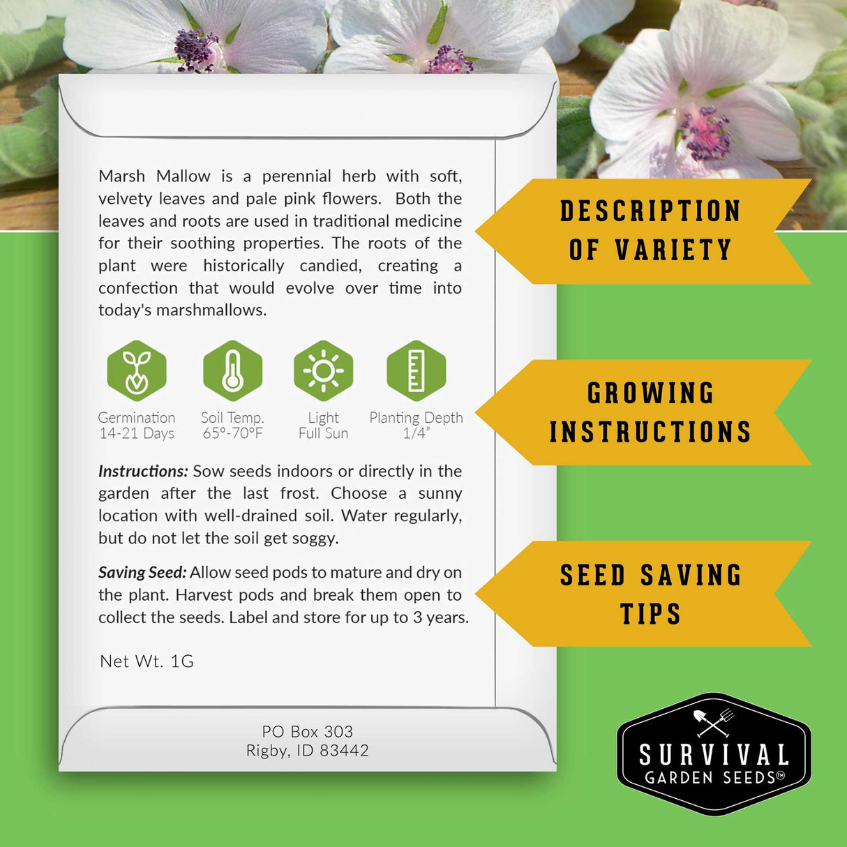 Survival Garden Seeds marshmallow seed packet with text and branding