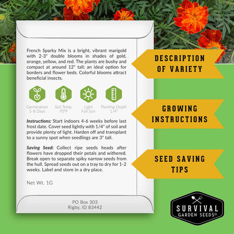 French Sparky Mix Marigold seed packet with growing instructions & seed saving information