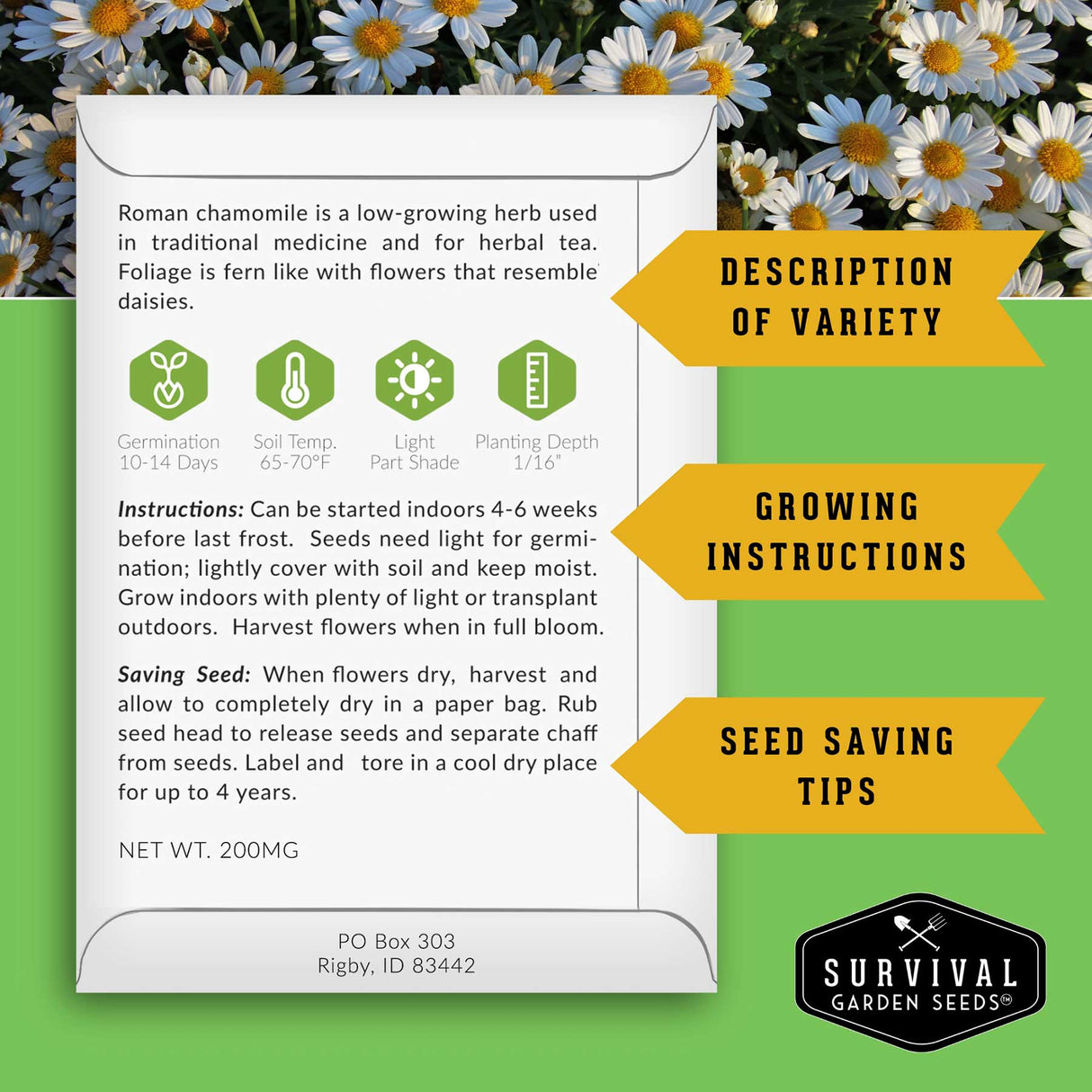 Survival Garden Seeds packaging with Roman chamomile information and branding.