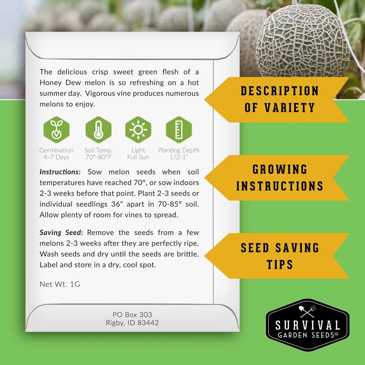 Survival Garden Seeds melon seed packet with text and branding