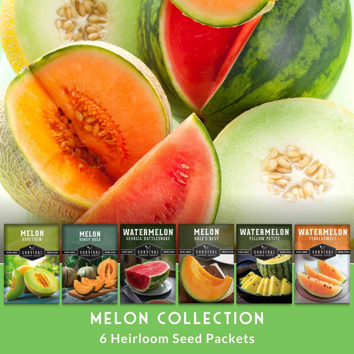 A melon collection seed packet bundle featuring six Survival brand seed packets shown along the bottom, with large fresh watermelon and cantaloupe melon slices and wedges filling the background. Text at the bottom reads 'MELON COLLECTION' and '6 Heirloom Seed Packets'.