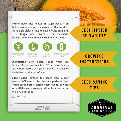 Survival Garden Seeds Honey Rock melon seed packet with text and image of a cut melon.