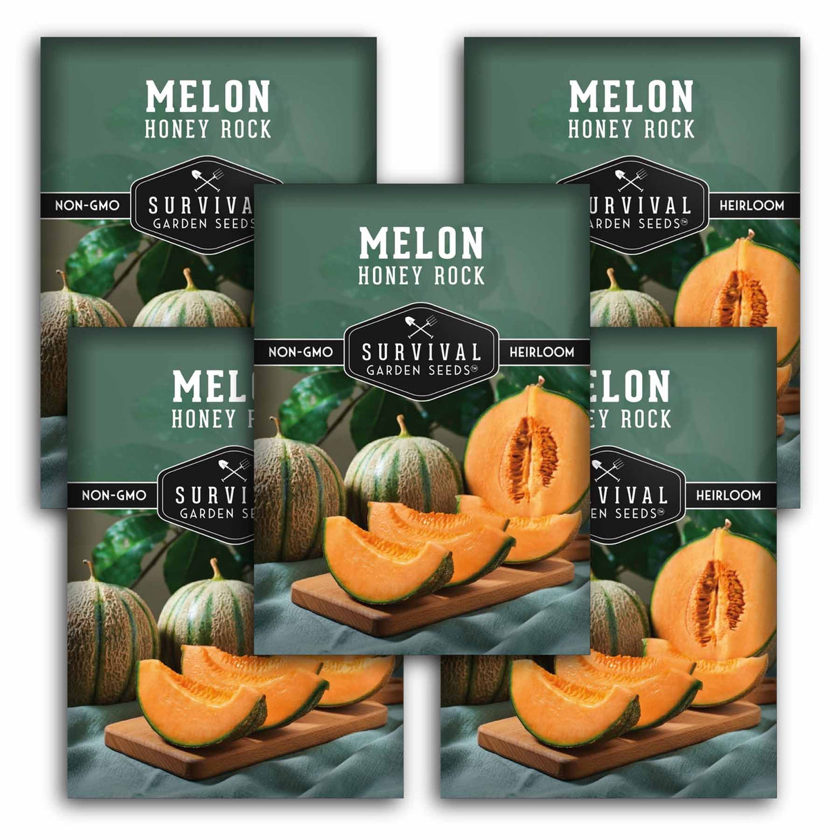 Five seed packet packages for 'Melon Honey Rock' survival garden seeds arranged in a fan shape. The packaging features a dark green background with illustrations of green-striped melons, sliced orange melon flesh on wooden boards, and white text.