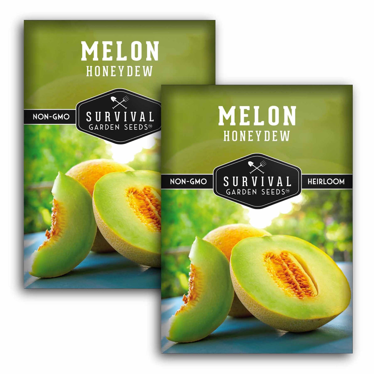Two seed packets of Survival Garden Seeds Melon Honeydew shown on a white background, with photos of sliced cantaloupe melon on the front of the packets.
