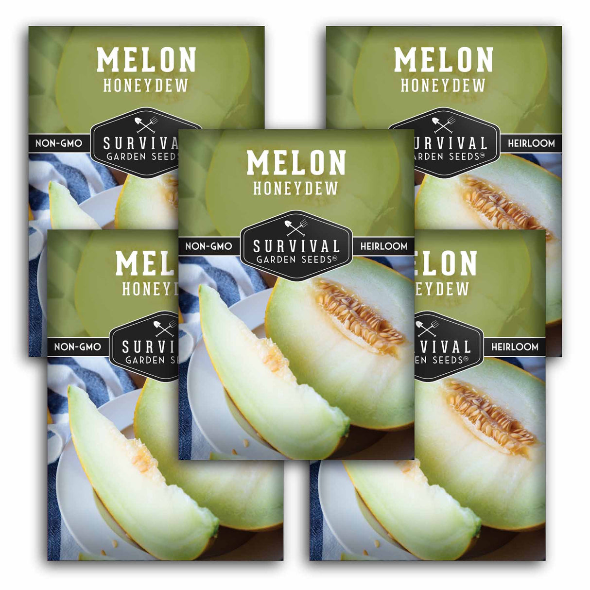 Survival Garden Seeds Melon Honeydew packages with images of honeydew melons on a white background.