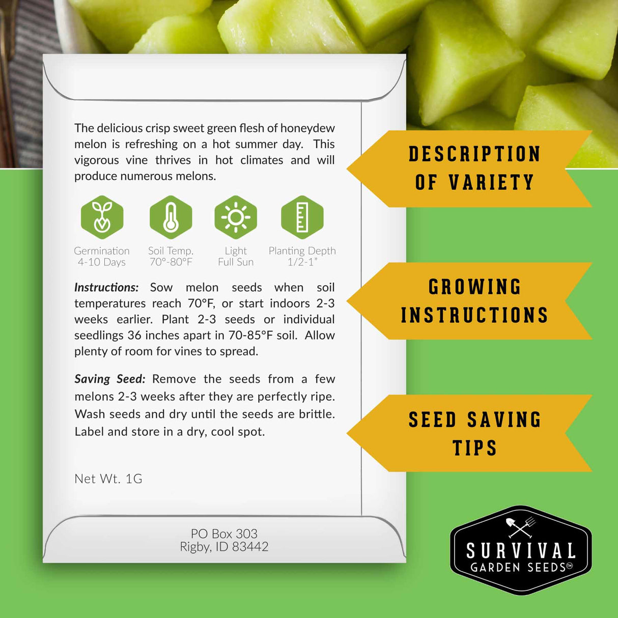 Survival Garden Seeds packaging with honeydew melon seeds and growing instructions on a green background.