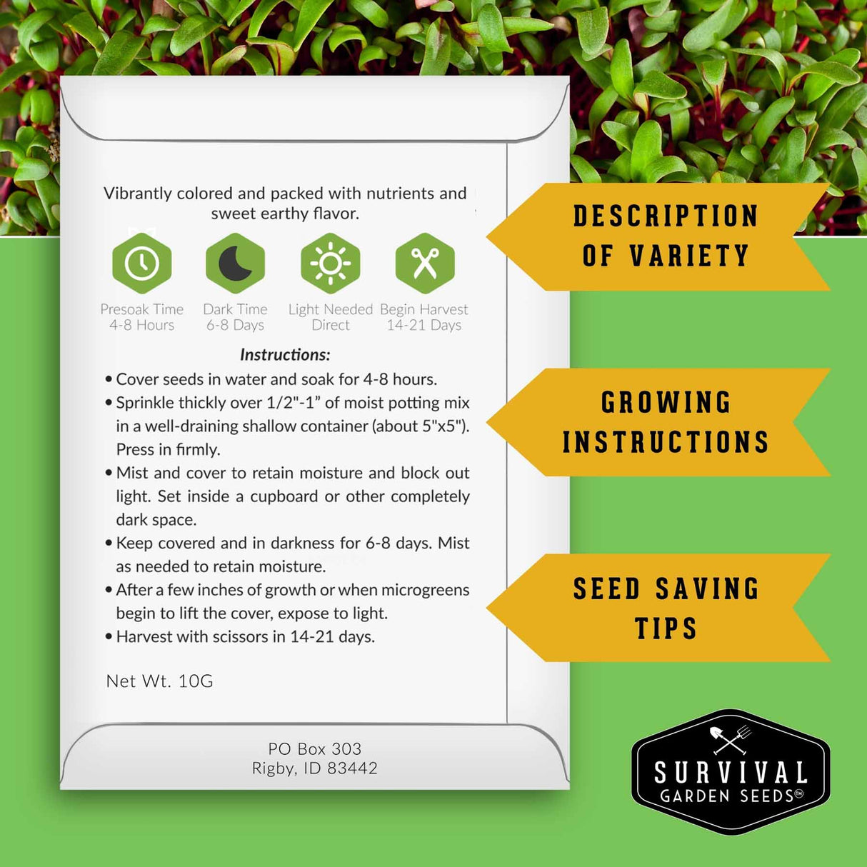 A product information card for Survival Garden Seeds showing planting instructions, growing tips, and variety description, overlaid on a green leaf background with yellow callout arrows.