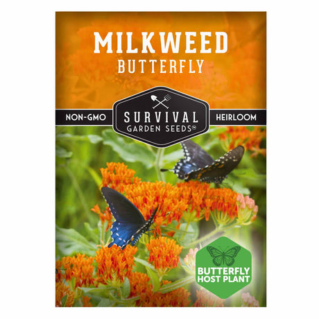 Milkweed butterfly seed packet with butterflies on flowers, featuring Survival Garden Seeds branding.