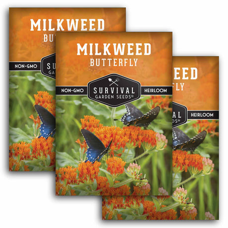 Three packages of Survival Garden Seeds Milkweed Butterfly seeds with butterflies on milkweed plants.