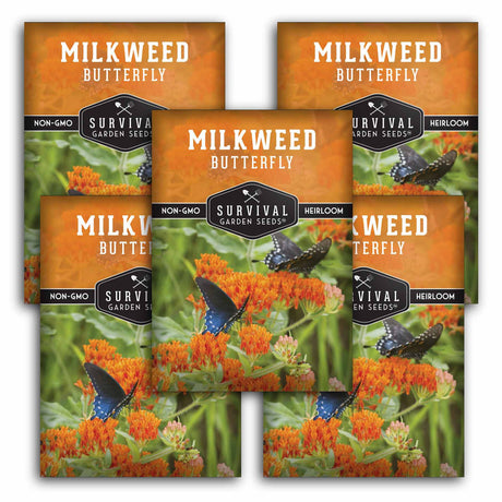 Five packages of Survival Garden Seeds Milkweed Butterfly seeds on a white background
