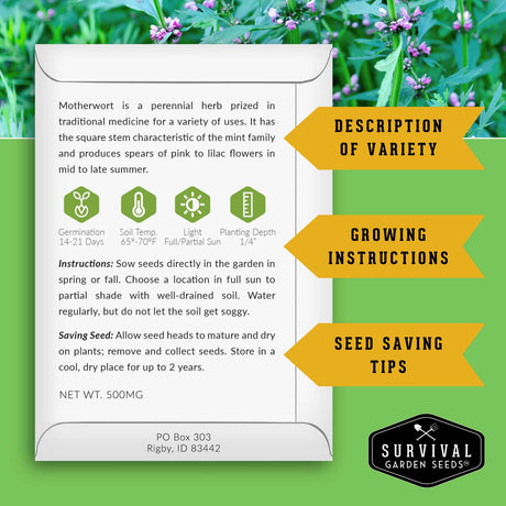 Motherwort seed packet with growing instructions and seed saving instructions.