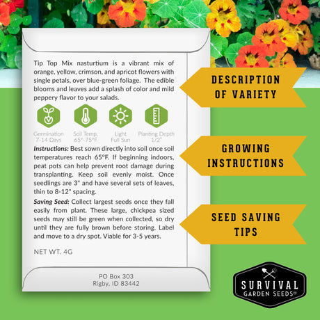 Seed packet for Top Mix nasturtium with growing instructions and seed saving tips on a green background with flowers.