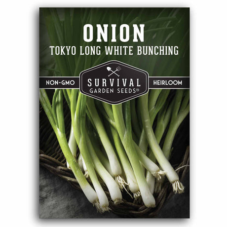 Survival Garden Seeds onion seed packet with green onions and brand logo.