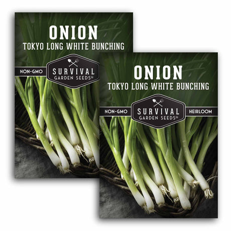 Two packages of Survival Garden Seeds Onion Tokyo Long White Bunching on a white background