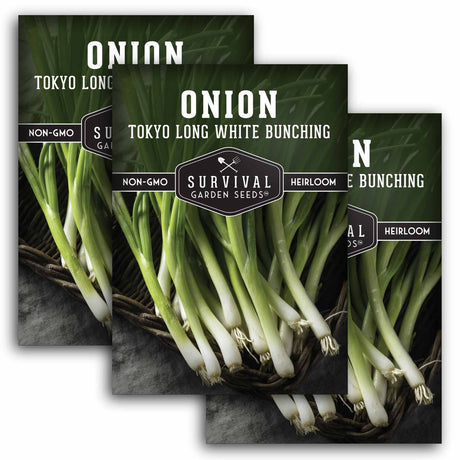 Three packages of Survival Garden Seeds onion seeds with green onions on a dark background.