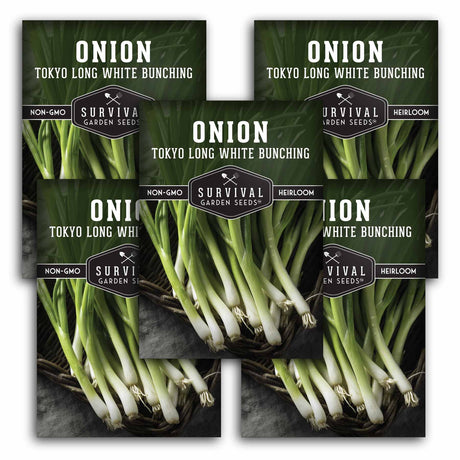 5 Survival Garden Seeds onion seed packets with green onions on a dark background