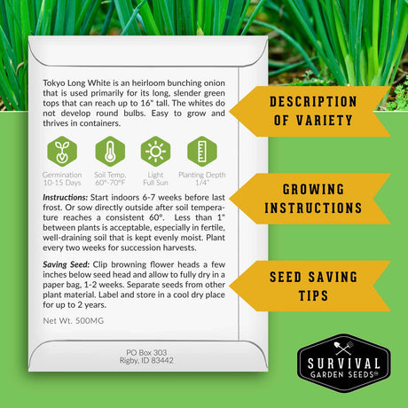 Survival Garden Seeds packet with Tokyo Long White onion variety details on a green background