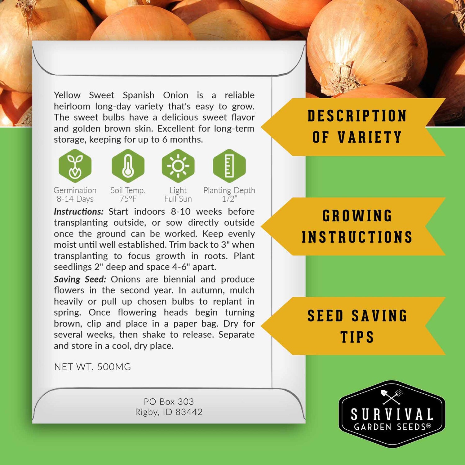 Survival Garden Seeds packaging with yellow sweet Spanish onion information on a green background