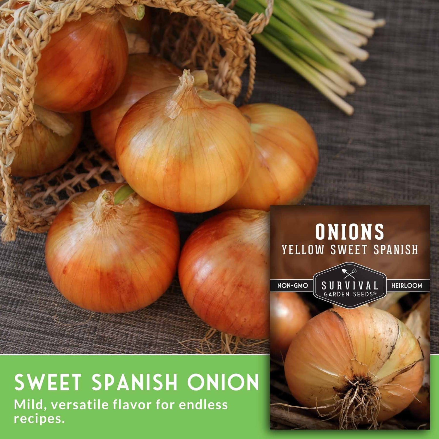 Yellow sweet Spanish onions with a package labeled 'Survival Garden Seeds' on a textured surface.