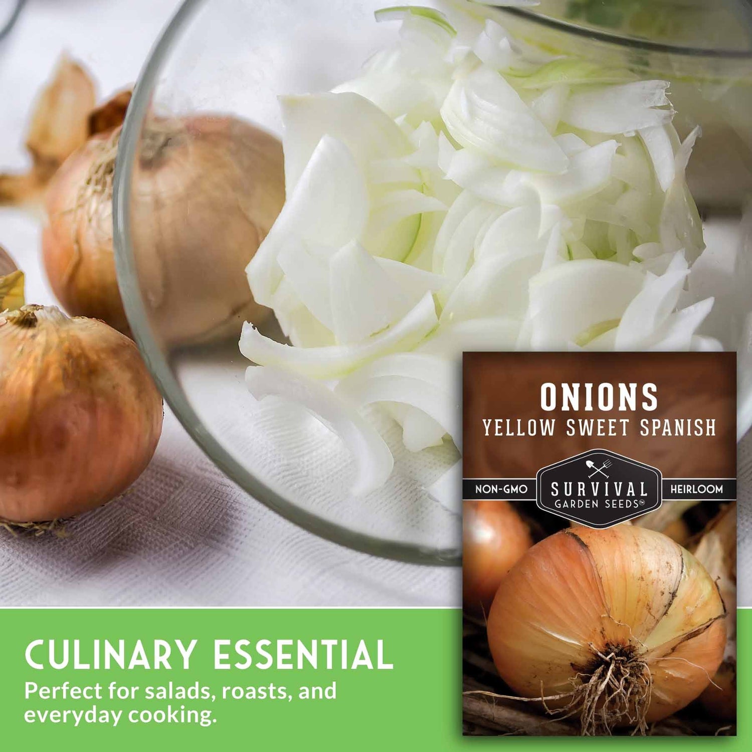 Sliced onions in a bowl with whole onions and a seed packet labeled 'Yellow Sweet Spanish' on a white background.