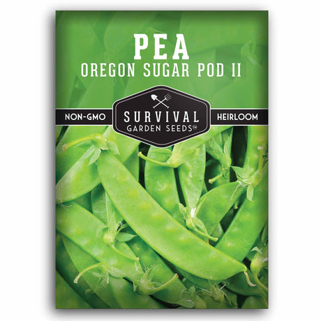 Survival Garden Seeds Pea Oregon Sugar Pod II package with green peas on a white background