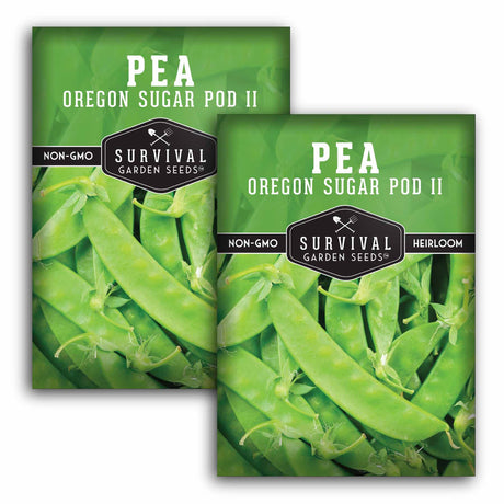 Two packages of Survival Garden Seeds Pea Oregon Sugar Pod II on a white background