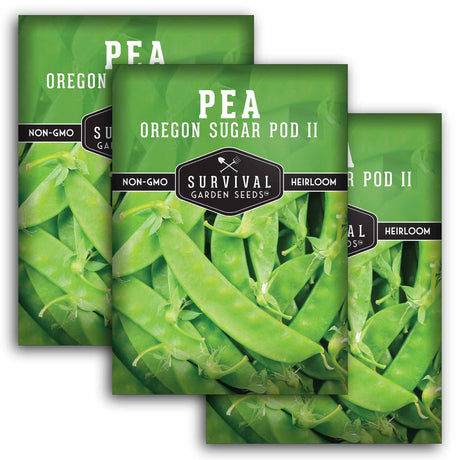 Three packages of Survival Garden Seeds Pea Oregon Sugar Pod II on a white background