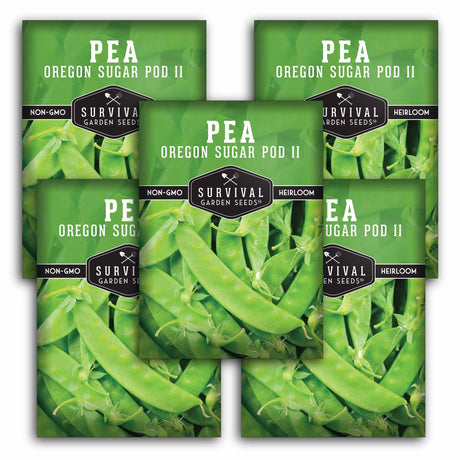 Five packages of Survival Garden Seeds Pea Oregon Sugar Pod II on a white background