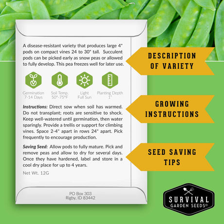 Survival Garden Seeds pea seed packet with text and graphics on a green background
