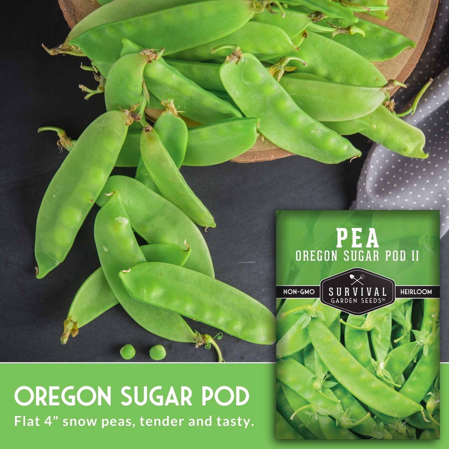 Green peas on a dark surface with a package of 'Oregon Sugar Pod' pea seeds.