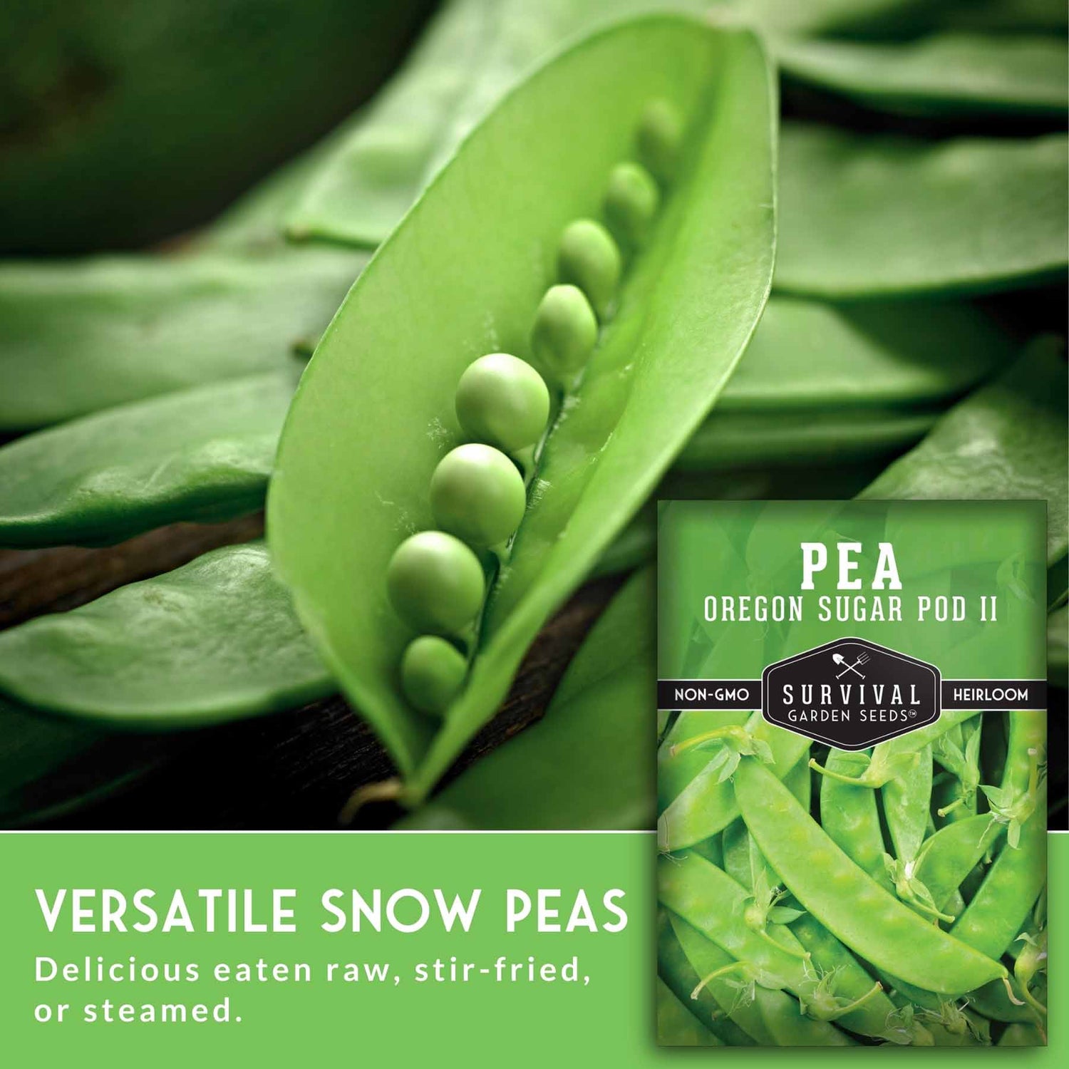 Green peas in pods with a seed packet labeled 'Oregon Sugar Pod II' on a green background.