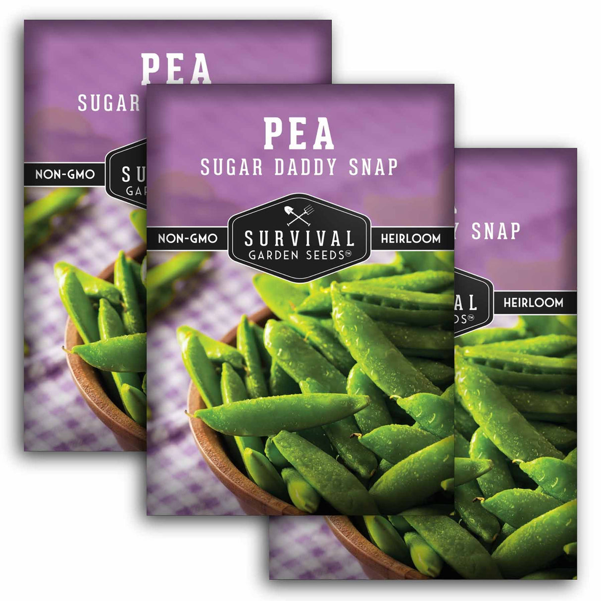 Three packages of Survival Garden Seeds Pea Sugar Daddy Snap on a white background