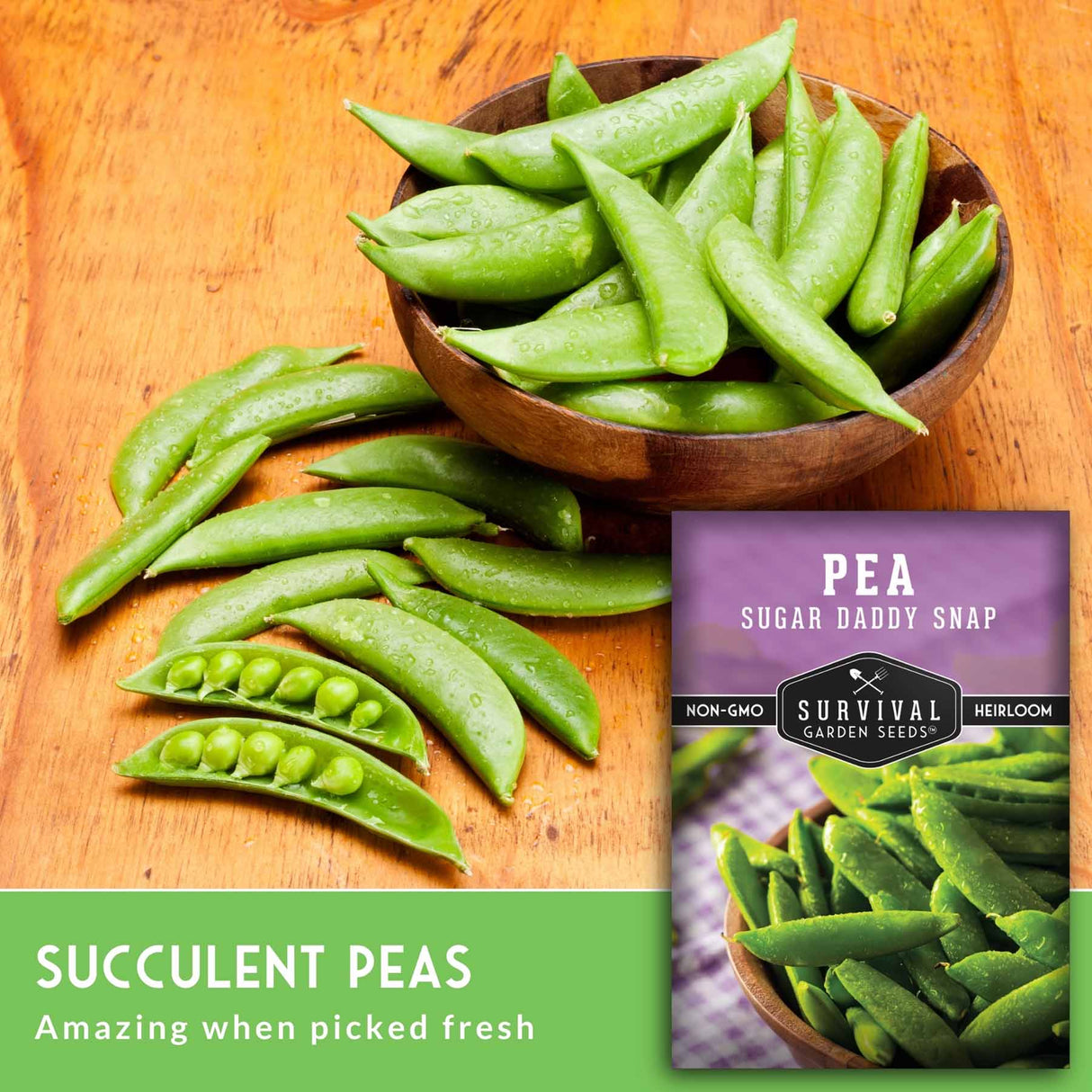 Wooden bowl filled with green peas on a wooden surface, with a package of Survival Garden Seeds pea seeds in the corner.