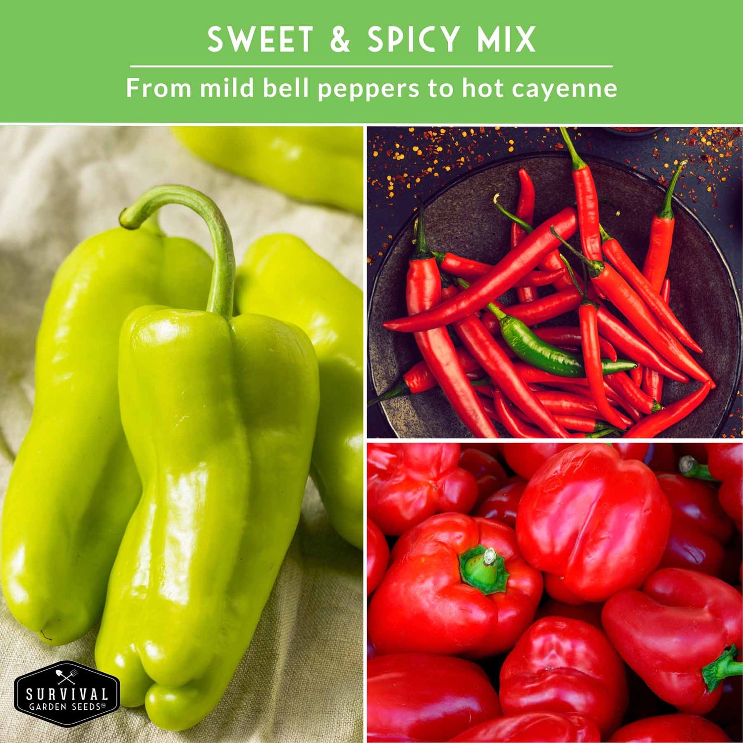 Collage of green, red, and hot chili peppers with text 'Sweet & Spicy Mix' on a green background.