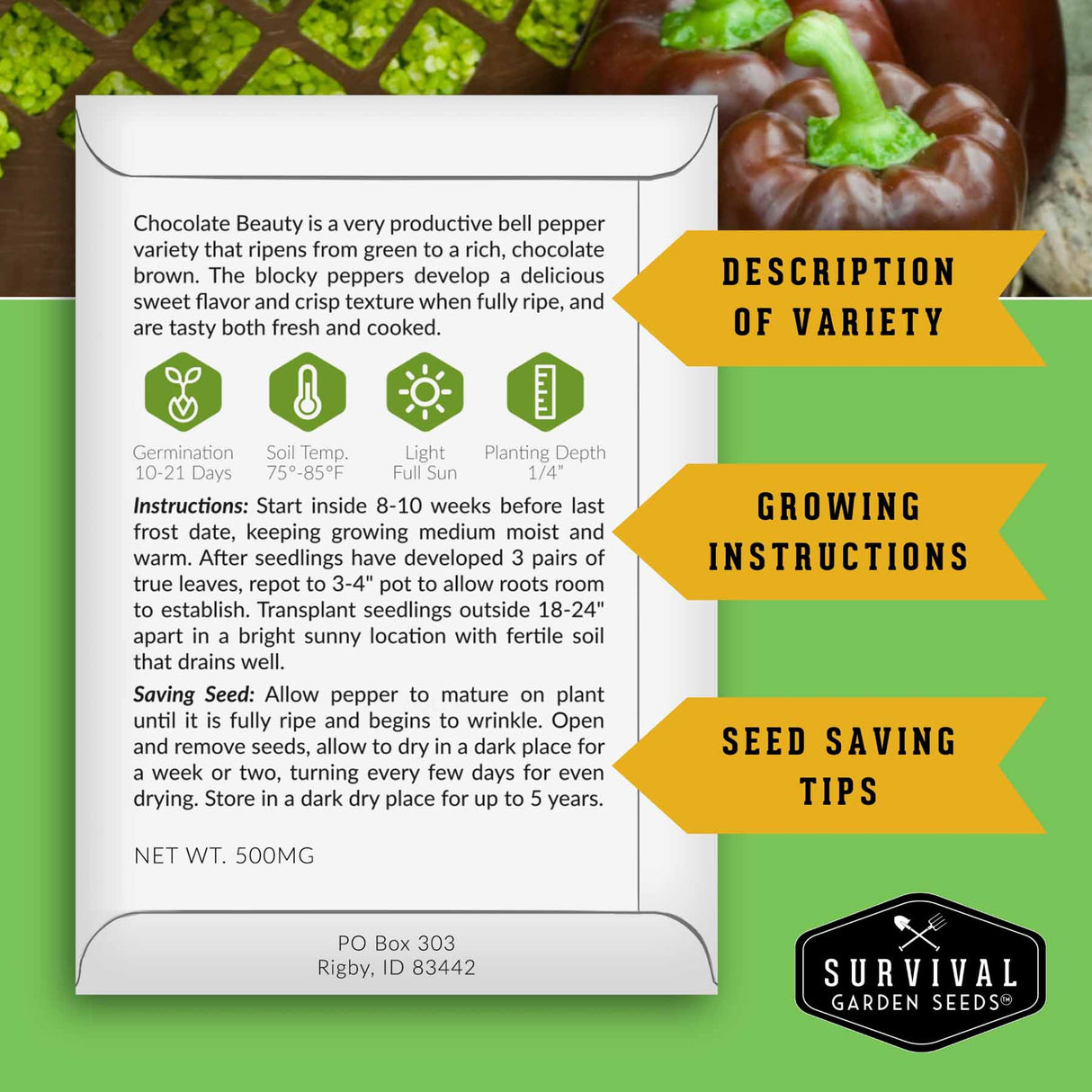 Survival Garden Seeds packaging with information on Chocolate Beauty bell peppers.