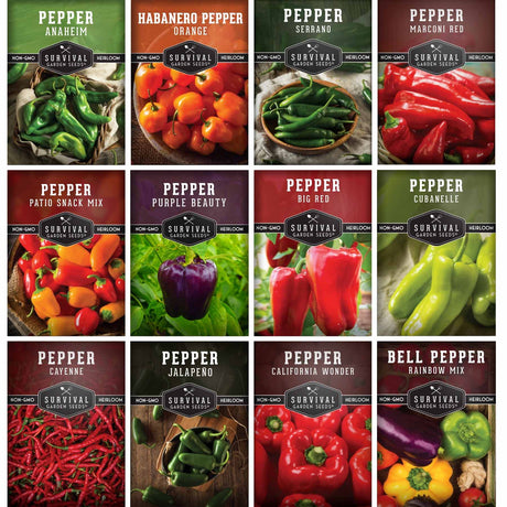 Grid of various pepper seed packets with images and names.