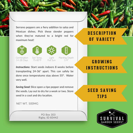 Seed packet for Serrano peppers with growing instructions and seed saving tips on a green background.