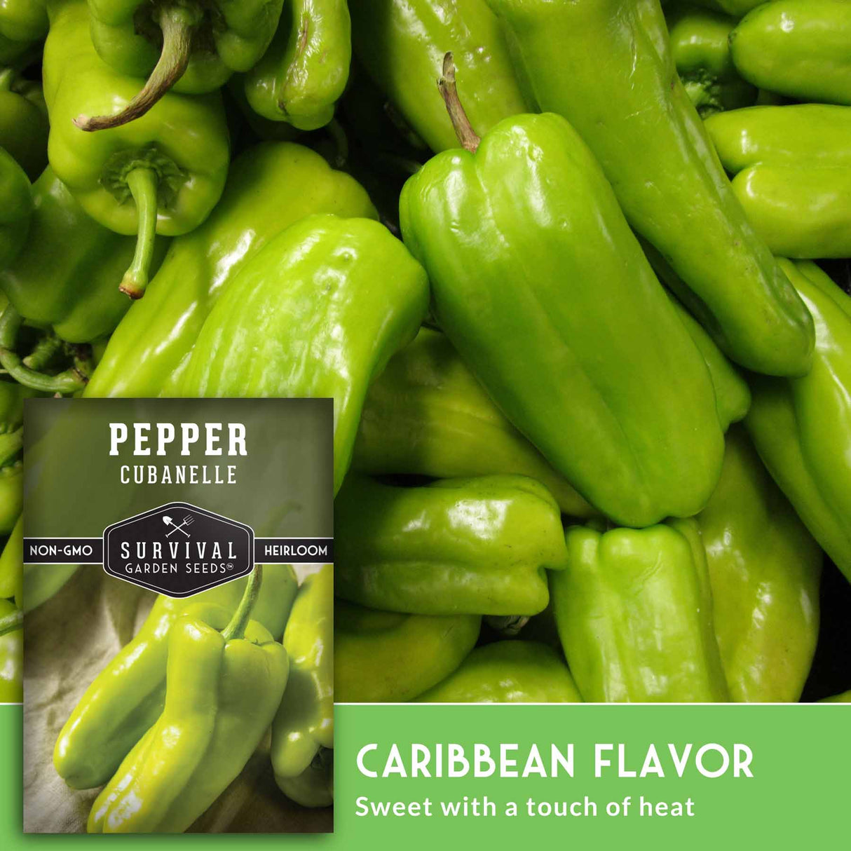 Green peppers with a label for Survival Garden Seeds on a green background