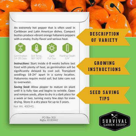 Habanero pepper seed packet with growing instructions and survival garden seeds logo.