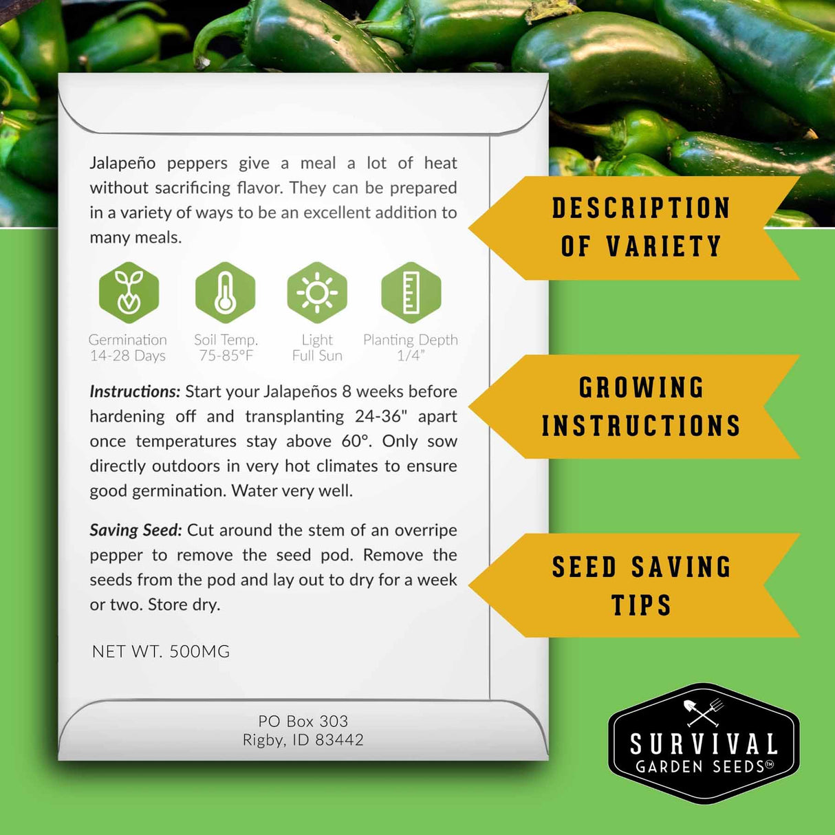 Jalapeno pepper seed packet with growing instructions and survival garden seeds logo.