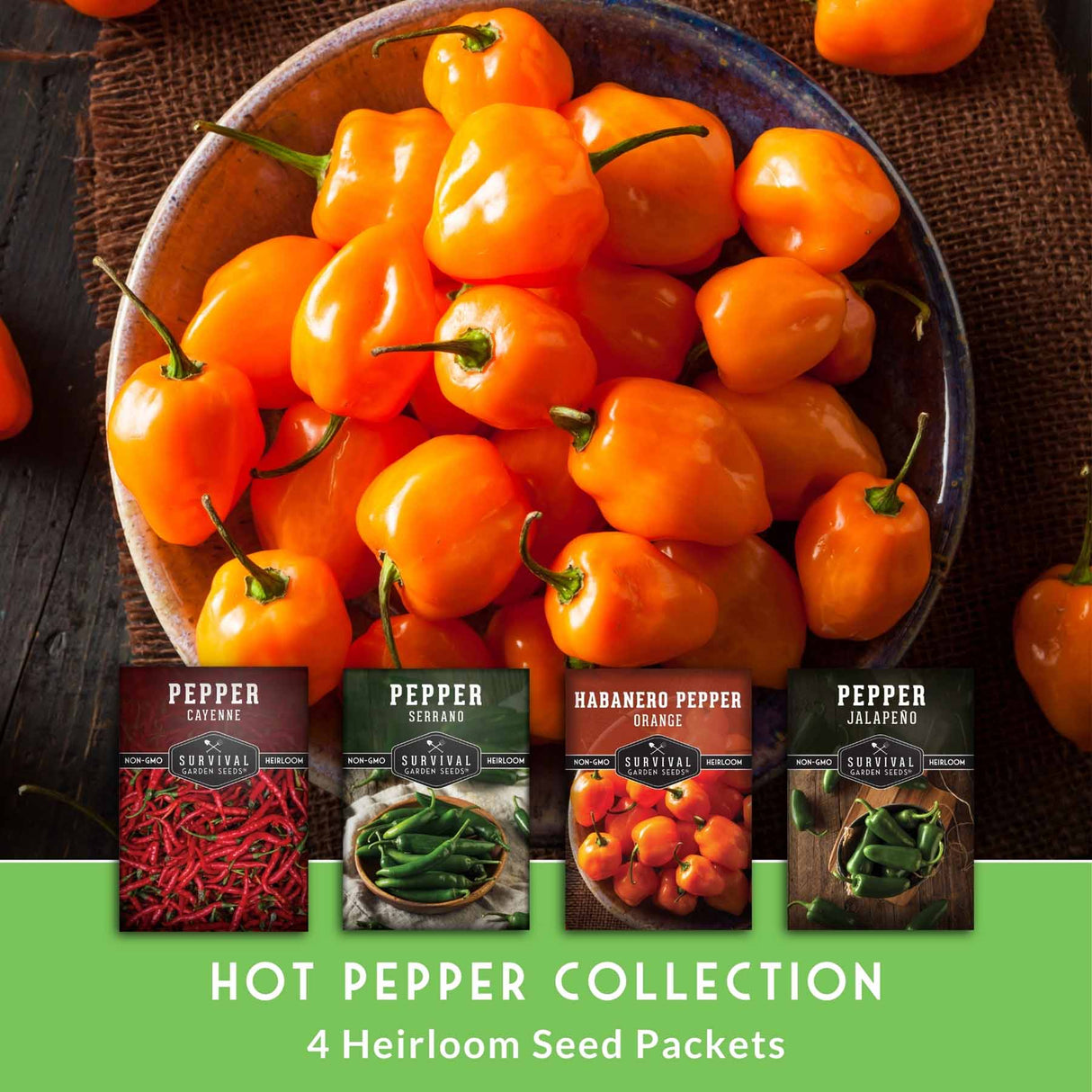 Bowl of bright orange peppers with seed packets labeled 'Hot Pepper Collection' on a wooden surface.