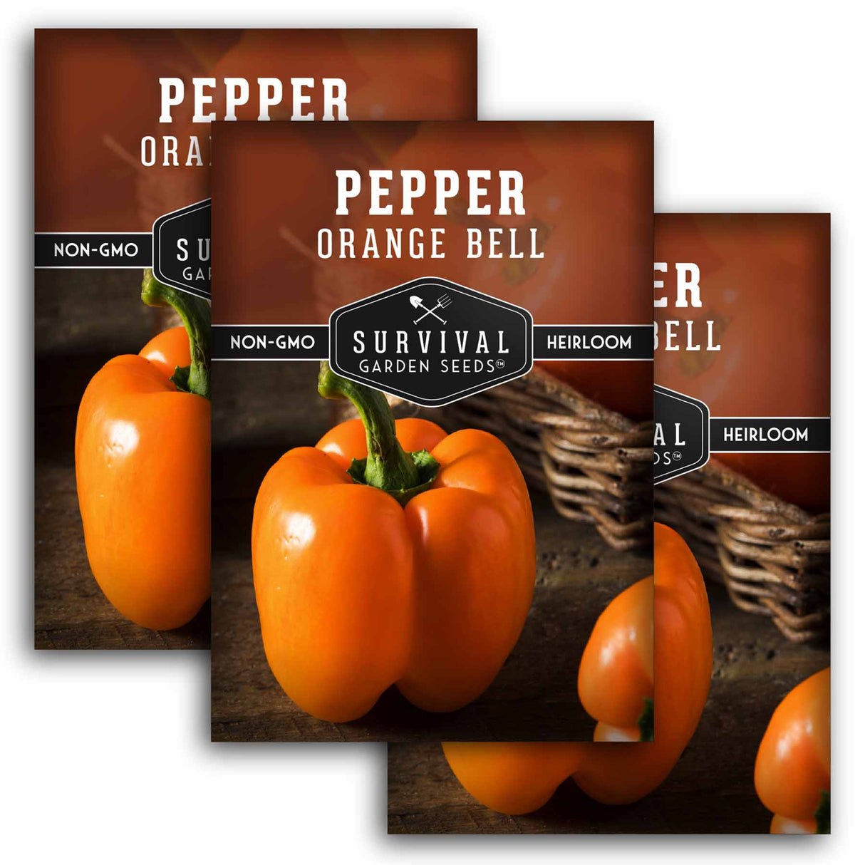 Orange bell pepper with 'Survival Garden Seeds' packaging on a dark background